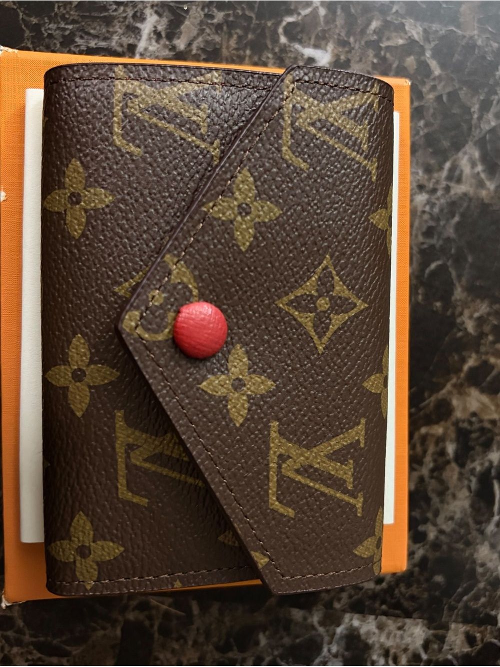 Practical Monogram Compact Wallet with Red Snap